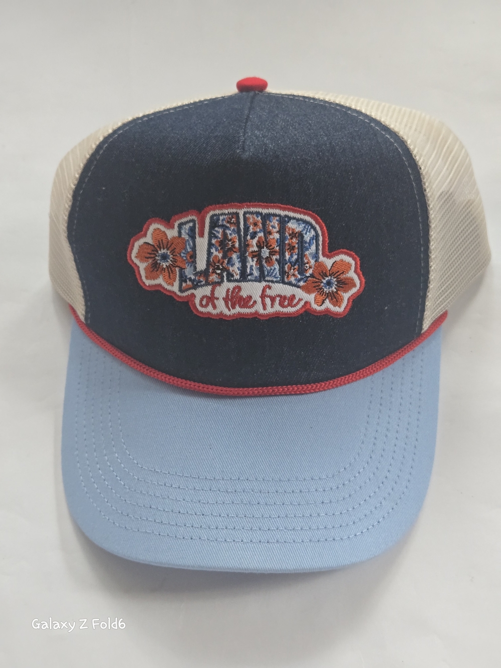 ’Land of the Free’ Denim Front Trucker Hat in Light Blue & Cream